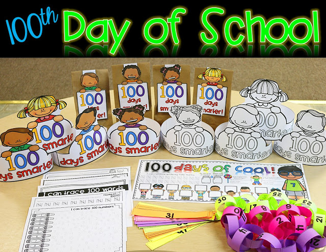 Your preschool, Kindergarten, 1st, and 2nd grade students are going to love this 100th Day of School unit! Great ideas for counting, predicting, the old age app, paper chain station activity, printable worksheets, paper bags for all the fun "stuff" they take home, AND 100s day hats! This post has great ideas and a resource that can fill your entire 100s day and make it a lot of engaging, hands-on fun! Click through to get it now! {preK, K, first, & second grader}