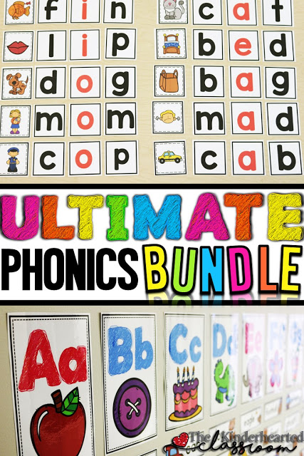 This resource is FULL of great phonics materials for your Kindergarten and 1st grade classroom or home school students. You get an ABC word wall, CVC short vowels, digraphs, trigraphs, diphthongs, double consonants, long vowels, vowel teams, R controlled, and word families. You're going to love these phonics activities, games, worksheets, printables, and more. Everything you need for an entire year with your Kinder or first graders is included in this 600+ page resource. Grab it today!